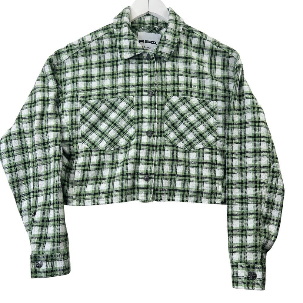 RSQ Plaid Cropped Shacket Raw Hem Button Up Flannel Jacket Green White Womens XS